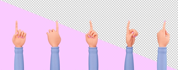 La mano de dibujos animados señala o hace clic en algo. Conjunto de manos femeninas 3d