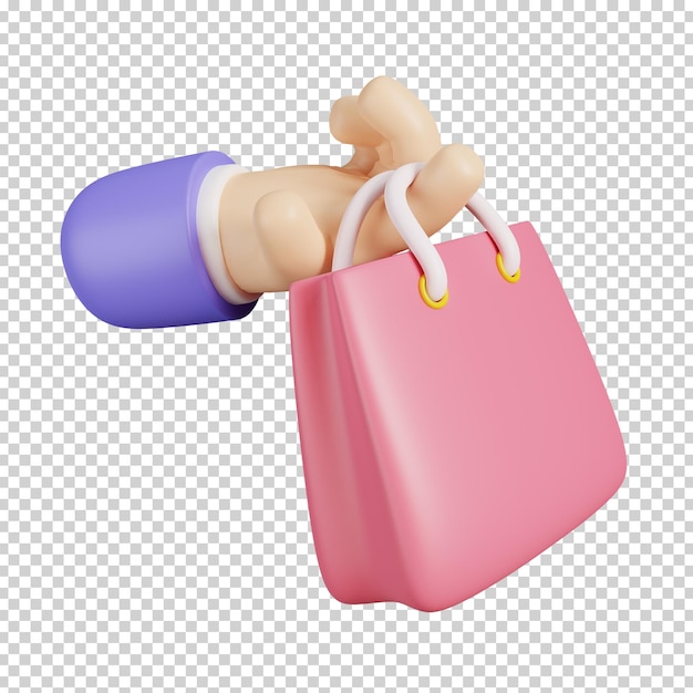 Mano de dibujos animados sosteniendo bolsas de compras aisladas Icono de compras en línea 3D Render Ilustración