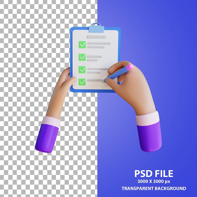 Mano de dibujos animados sosteniendo la lista de verificación del teléfono inteligente representación 3d