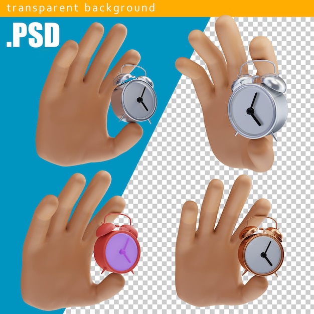 Mano de dibujos animados sosteniendo un reloj de alarma sobre un fondo aislado.