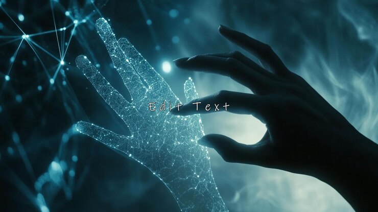 PSD la mano digital y la mano humana interactúan en una red futurista
