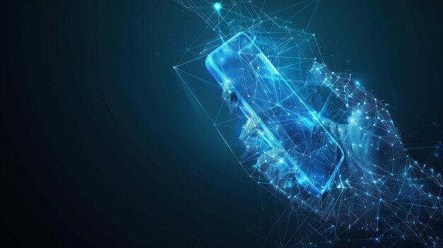Una mano digital sosteniendo un teléfono inteligente brillante con líneas geométricas y puntos que representan conexiones de datos