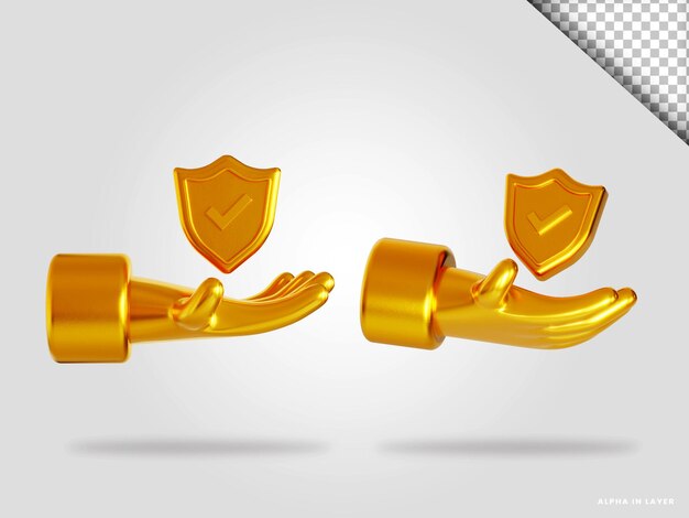 Mano dorada y escudo 3d render ilustración aislada