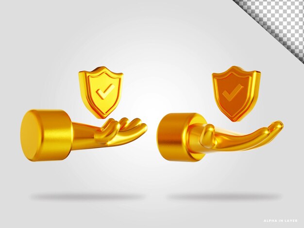 Mano dorada y escudo 3d render ilustración aislada