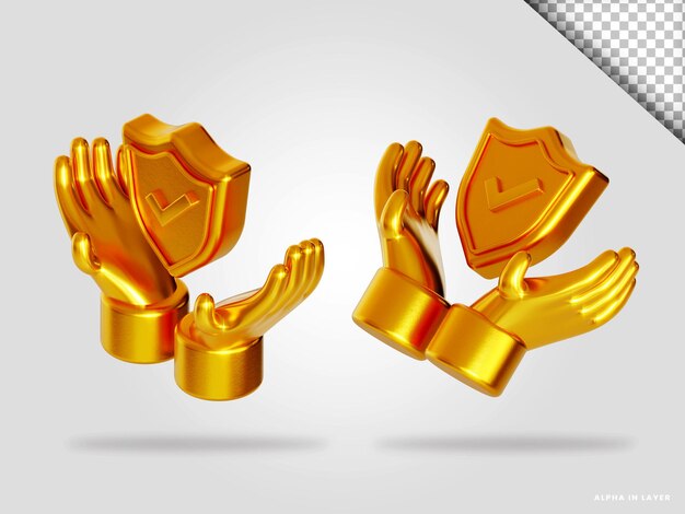 PSD mano dorada y escudo 3d render ilustración aislada