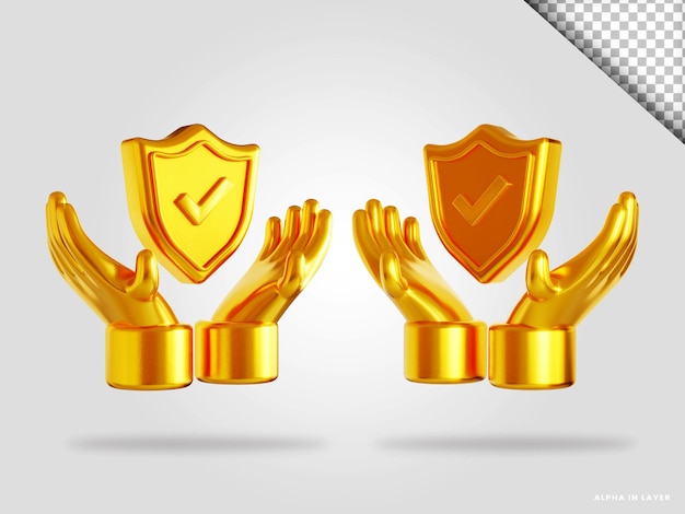 Mano dorada y escudo 3d render ilustración aislada