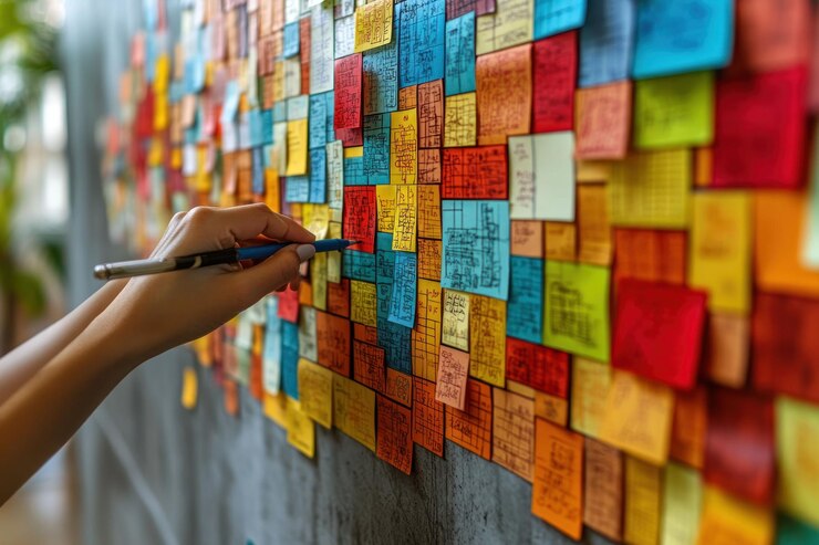 PSD una mano escribiendo en una nota adhesiva colorida en una pared cubierta de otras notas adhesivas