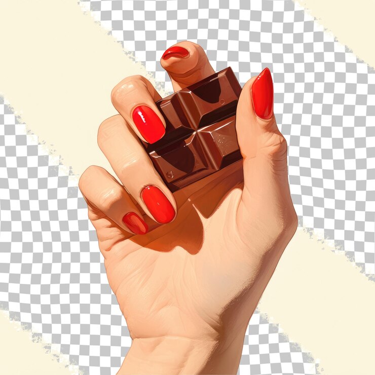 PSD una mano con un esmalte de uñas rojo en él y una barra de chocolate en el medio
