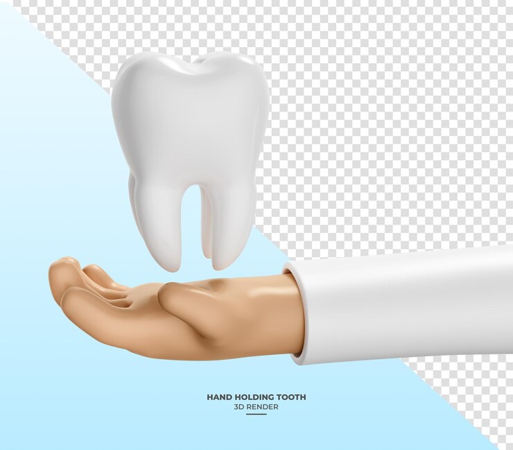 PSD mano en estilo de dibujos animados con diente en renderizado 3d con fondo transparente