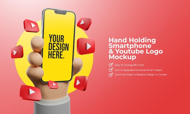 Mano en estilo de dibujos animados sosteniendo un teléfono inteligente con el logotipo de Whatsapp Mockup de pantalla editable