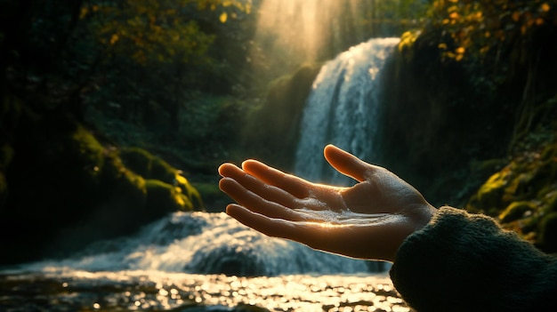 La mano extendida atrapando gotas de agua de una cascada iluminada por el sol en un bosque exuberante