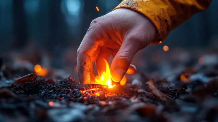 PSD una mano se extiende para tocar un pequeño fuego que arde en el bosque