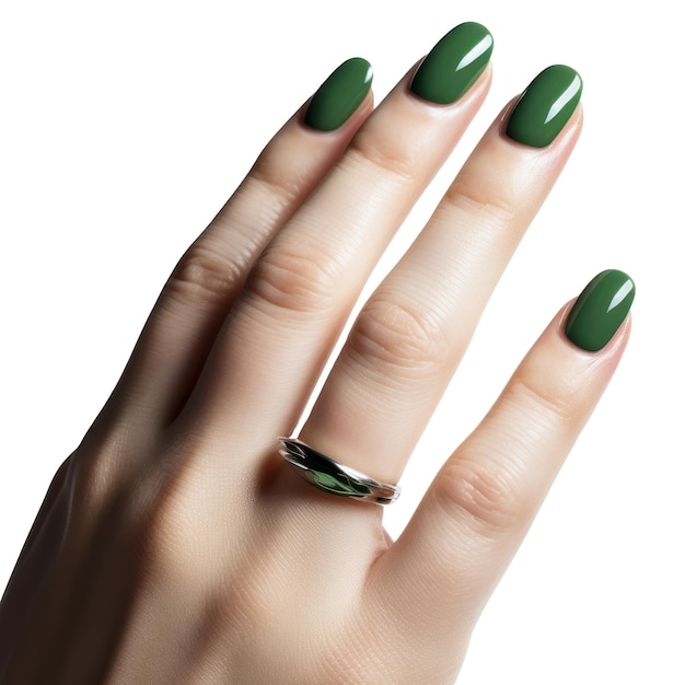 Mano femenina con manicura verde sobre un fondo transparente