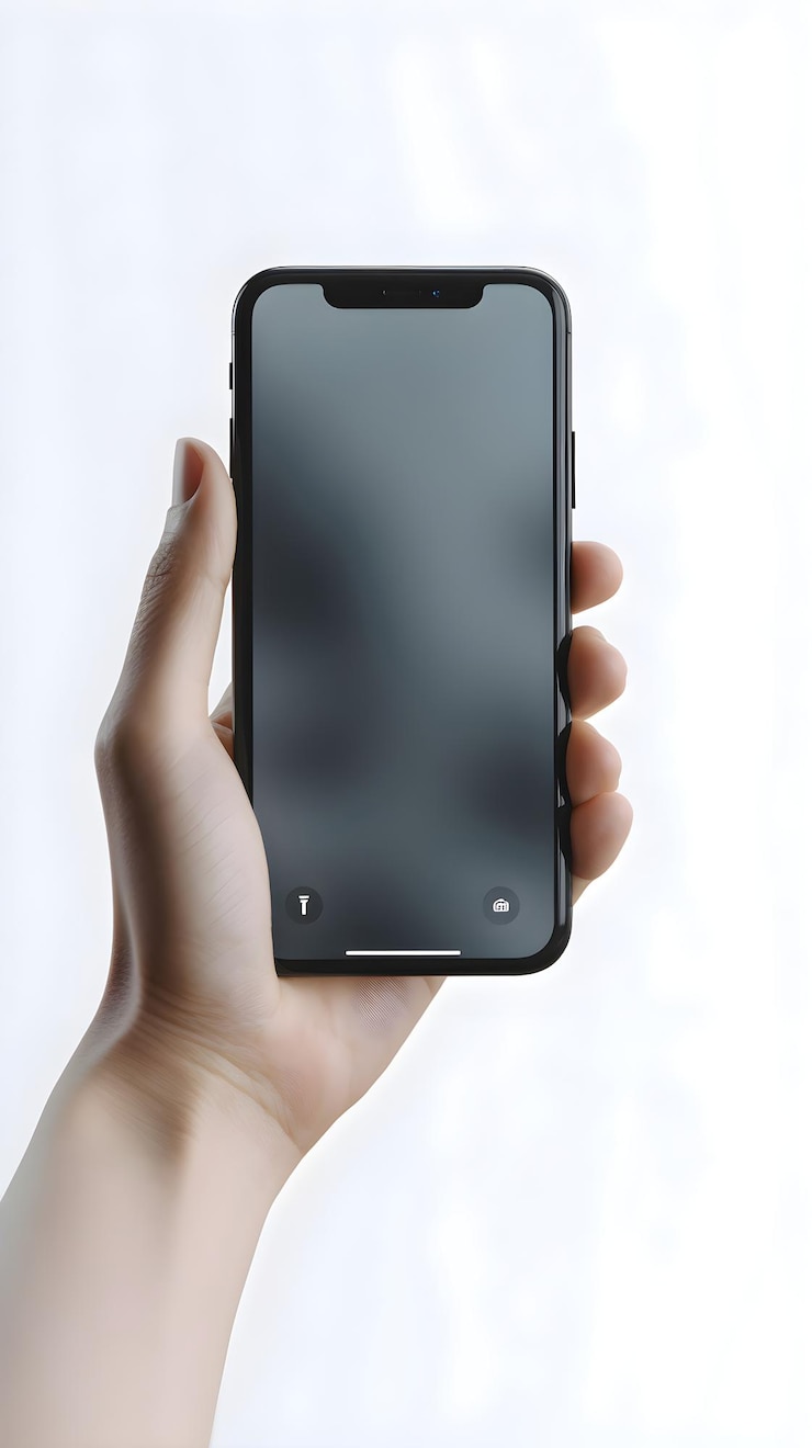 mano femenina sosteniendo un teléfono inteligente negro con pantalla en blanco aislado en fondo blanco