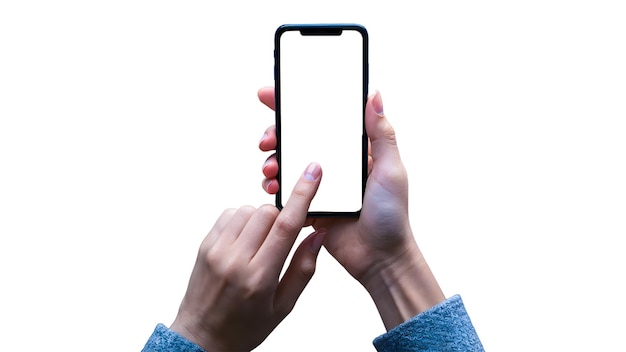 Mano femenina sosteniendo un teléfono inteligente con pantalla aislada en una maqueta de fondo gris