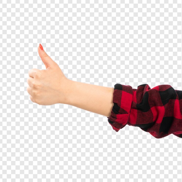 PSD una mano femenina de vista frontal en una camisa a cuadros roja negra que muestra un signo impresionante aislado en transparente