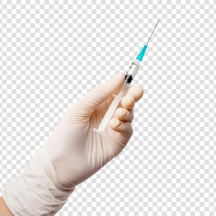 Mano con guantes sosteniendo una jeringa médica vacunación medicamentos para inyecciones de atención médica