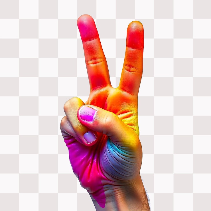 PSD la mano haciendo un gesto de arma adornado con una pulsera de arco iris contra un fondo transparente