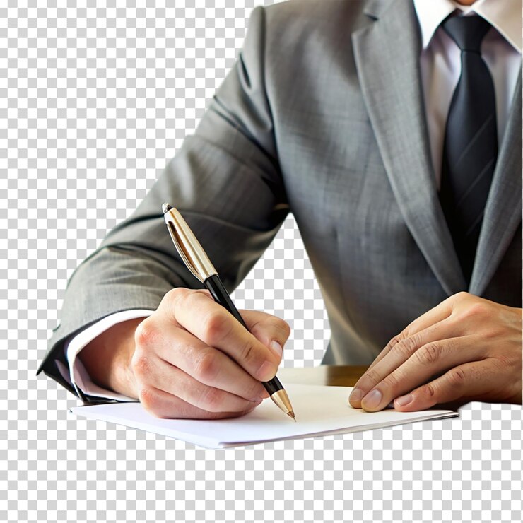 PSD la mano del hombre está escribiendo con el escritorio aislado en un fondo transparente