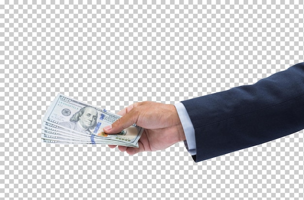 PSD mano de hombre sosteniendo billete de 100 dólares aislado