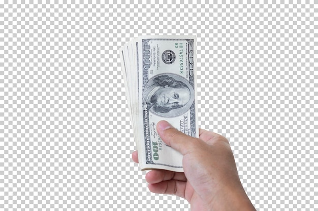Mano de hombre sosteniendo billetes de 100 dólares estadounidenses aislado sobre fondo blanco Concepto financiero y de negocios