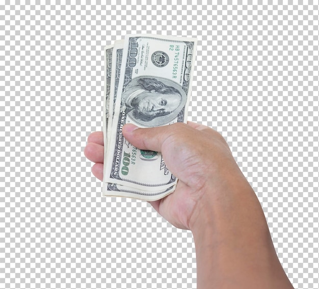PSD mano de hombre sosteniendo billetes de 100 dólares estadounidenses aislado sobre fondo blanco concepto financiero y de negocios