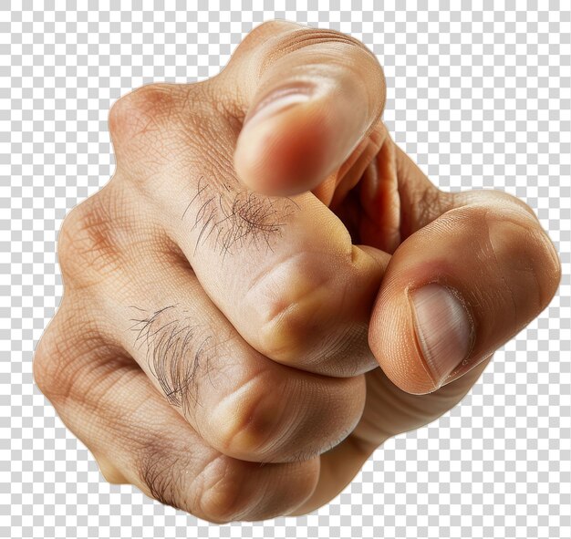 Una mano humana con un solo dedo extendido de una manera directa y asertiva apunta directamente a la v