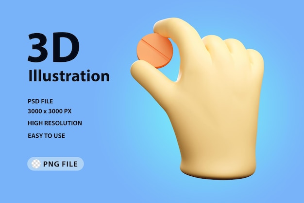 PSD mano de icono de procesamiento 3d con una píldora