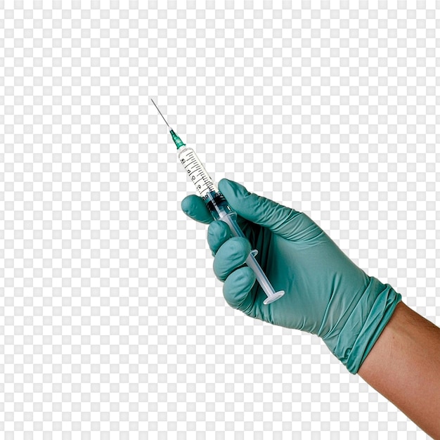 Mano in guanto che tiene una siringa Isolata su sfondo trasparente