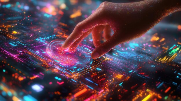 Una mano interactúa con una interfaz futurista vibrante activando un círculo brillante
