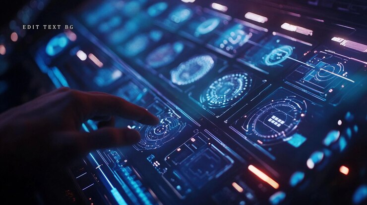 PSD la mano interactúa con una interfaz holográfica futurista que muestra datos e información digital