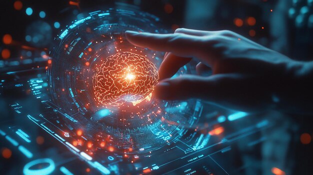 La mano interactuando con un holograma cerebral digital en una interfaz futurista