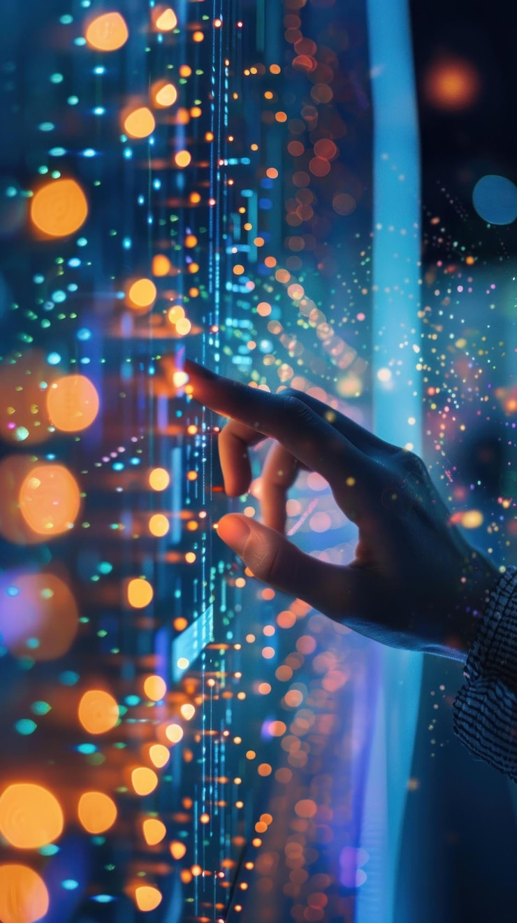 PSD mano interactuando con interfaz digital futurista luces brillantes y flujos de datos