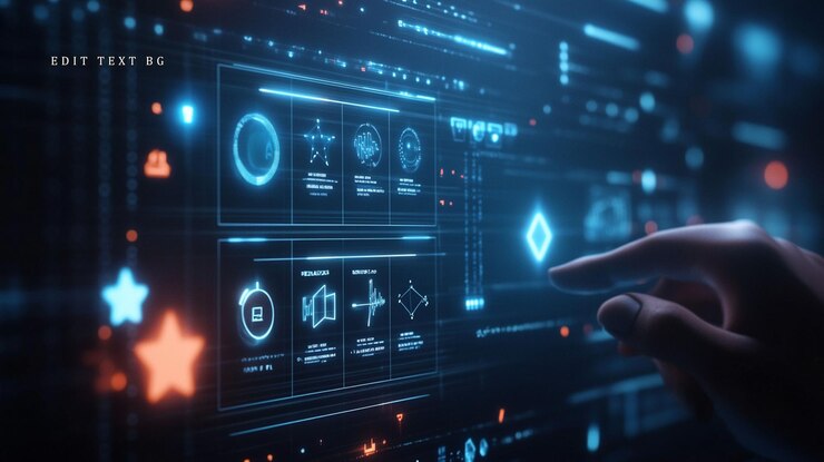 PSD la mano interactuando con la interfaz holográfica futurista