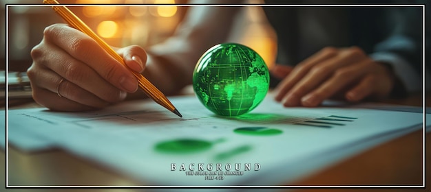 Una mano con un lápiz amarillo señala un globo verde en una mesa cubierta de gráficos