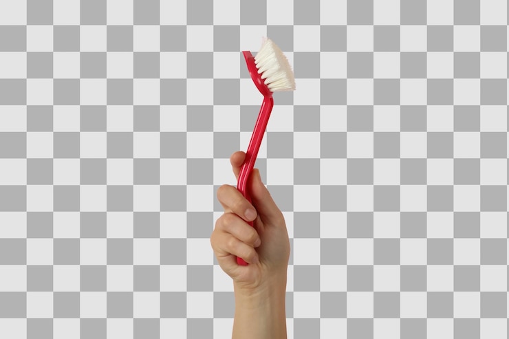 PSD mano de limpieza de primavera con un pincel en un mango largo aislado en un fondo blanco de cerca png