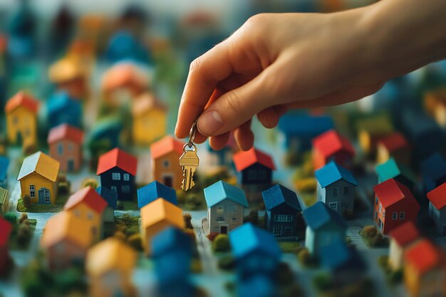 La mano con una llave por encima de las casas en miniatura