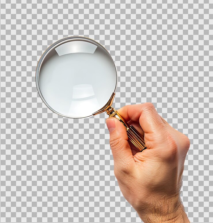 PSD mano con una lupa en un fondo transparente
