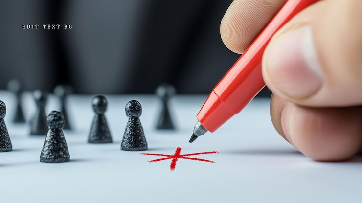 PSD mano marcando una pieza de juego con una x roja que simboliza la selección o el despido de un grupo