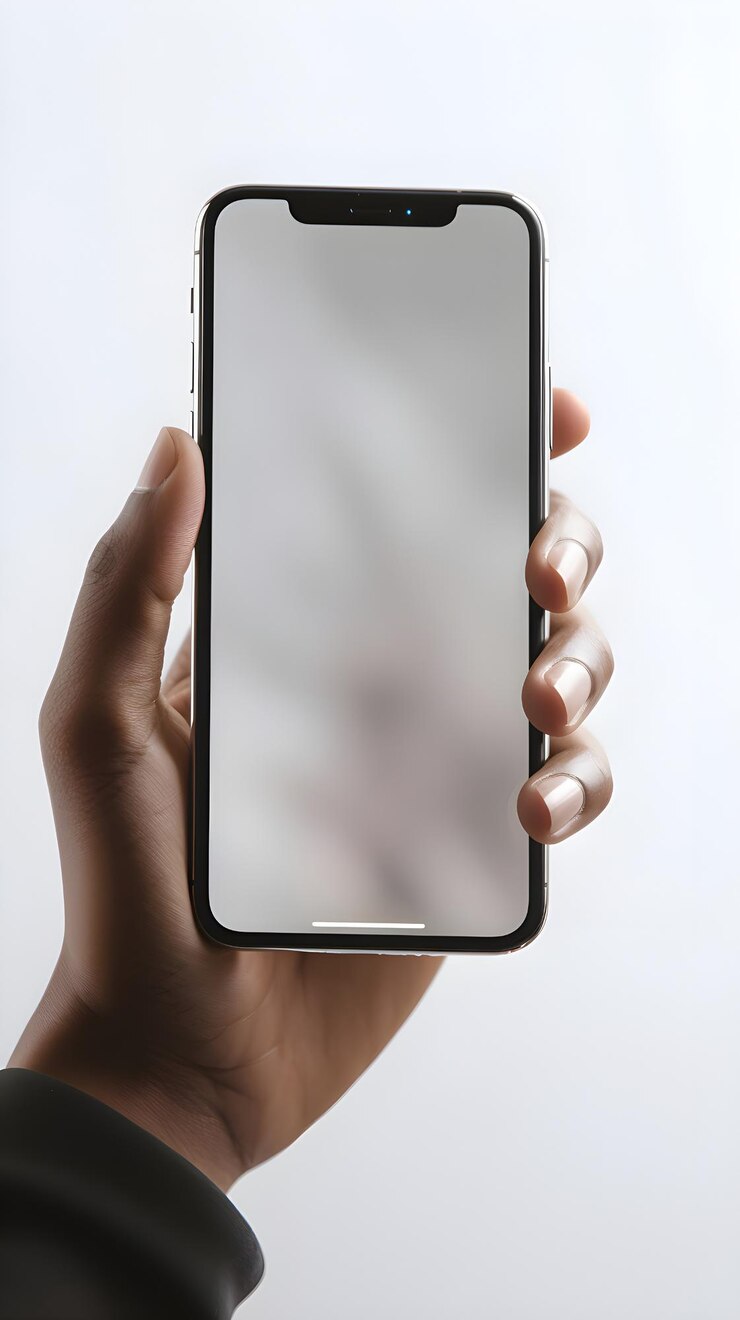 mano masculina sosteniendo un teléfono inteligente con una pantalla blanca sobre un fondo blanco