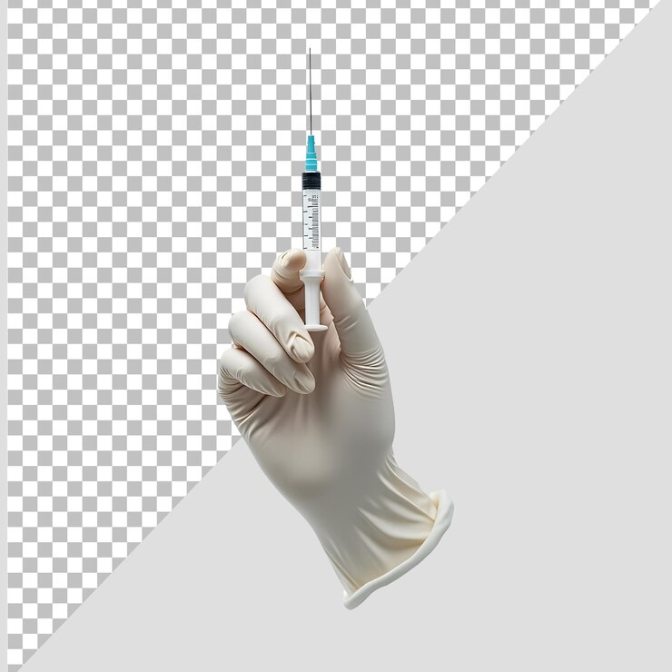 PSD mano médica sosteniendo una jeringa sobre un fondo transparente