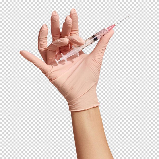 La mano del médico con la jeringa aislada sobre un fondo transparente