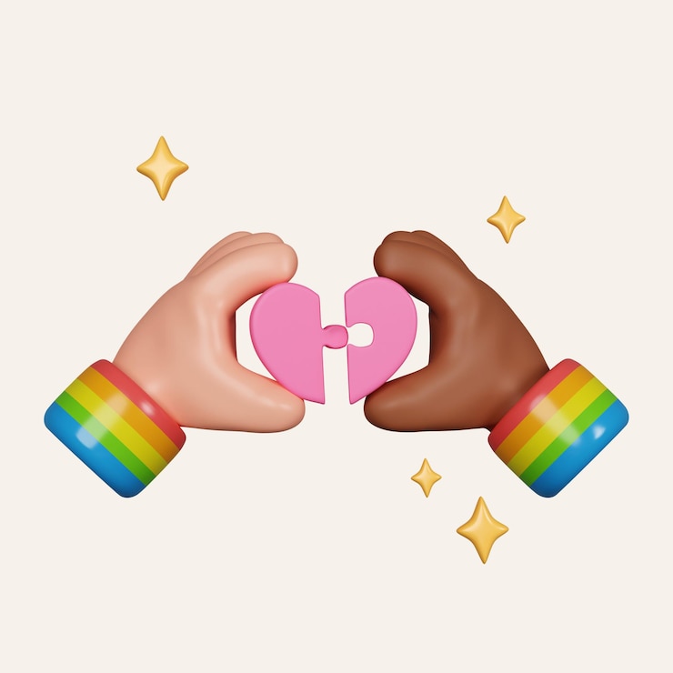PSD la mano del mes del orgullo 3d sostiene dos piezas de la llave del corazón ilustración vectorial lgbt símbolo del mes del orgull icono aislado en fondo blanco ilustración de renderización 3d camino de recorte