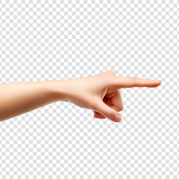 PSD la mano de una mujer apuntando aislada sobre un fondo transparente