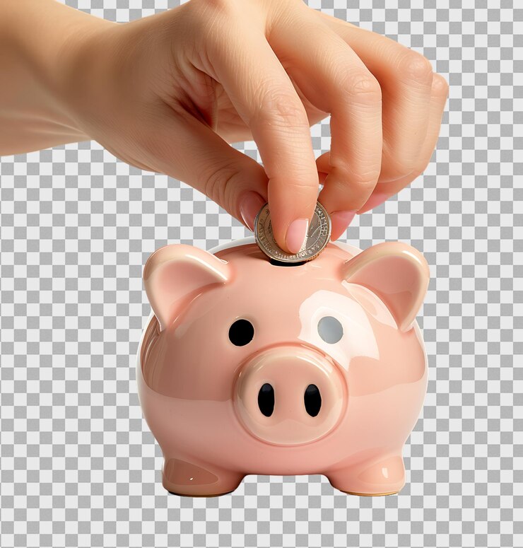 PSD la mano de la mujer está insertando una moneda de un euro en la alcancía sobre un fondo transparente