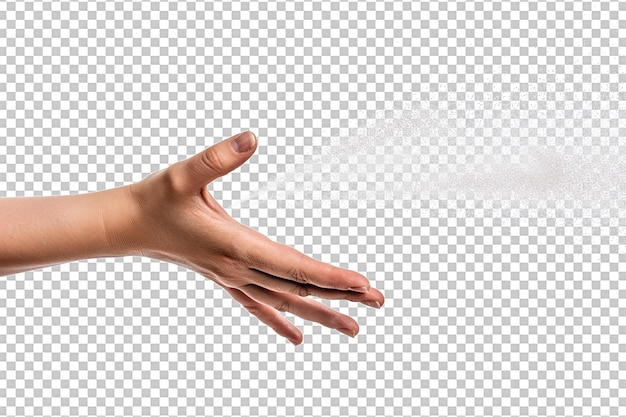 La mano de la mujer sosteniendo una botella de spray aislada sobre un fondo transparente