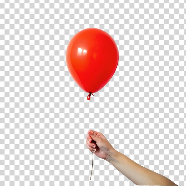 PSD la mano de una mujer sosteniendo un globo rojo aislado sobre un fondo transparente