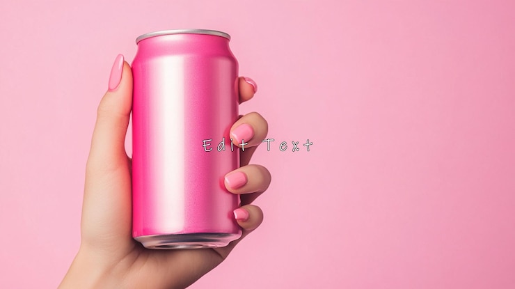 PSD la mano de la mujer sosteniendo una lata de aluminio rosa contra un fondo rosa 1