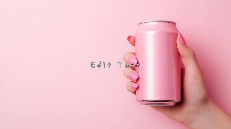 PSD la mano de la mujer sosteniendo una lata de aluminio rosa sobre un fondo rosa