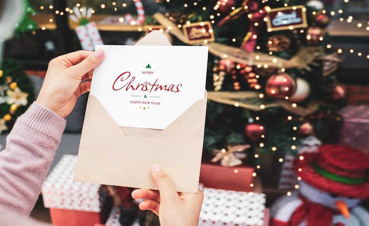 PSD mano de mujer sosteniendo maqueta de tarjeta de felicitación de feliz navidad feliz navidad y feliz año nuevo concepto
